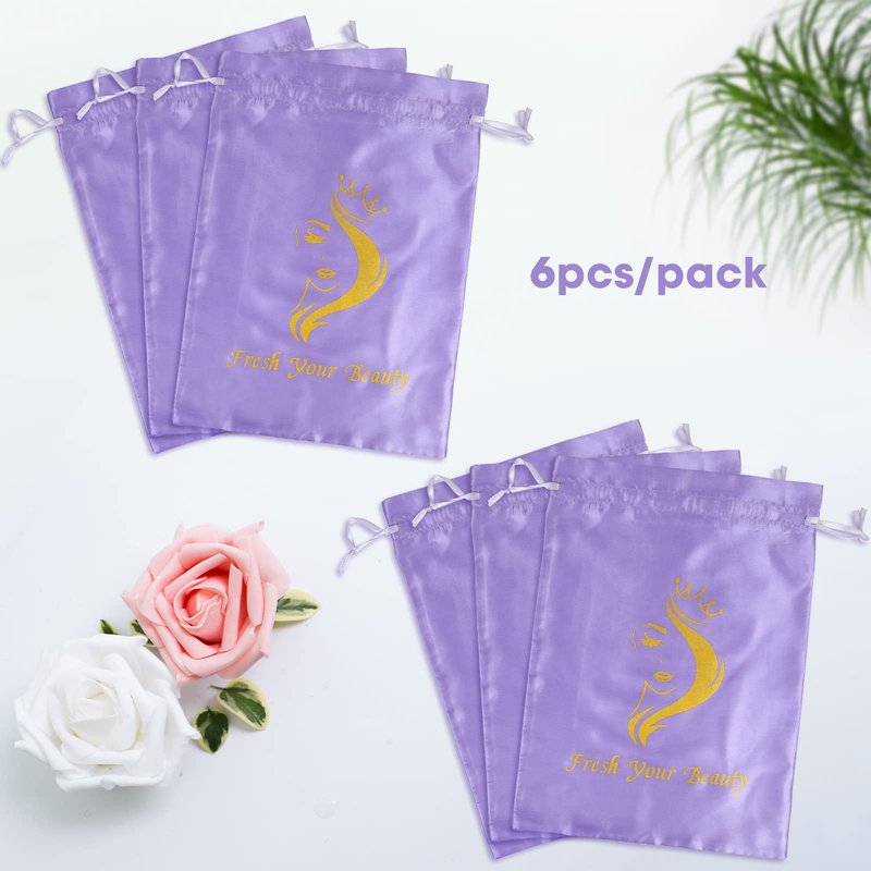 Satin Bags with Drawstring - Soft Pouches for Multiple Pieces, Bundles & Hair Extension Supplies - Home and Salon Use (6PCS Purple)