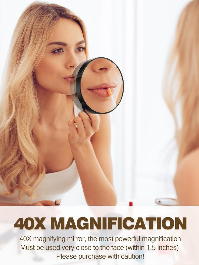 40X Magnifying Makeup Mirror - 2 Suction Cups, 3.5 Inch, Black | Includes Slant Tweezers
