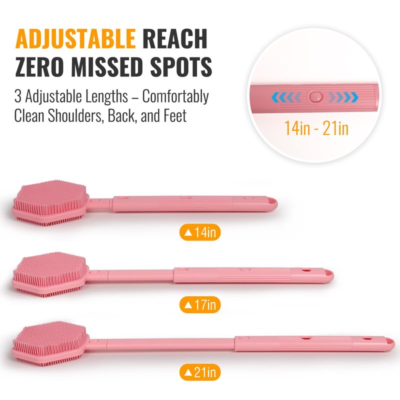 AIMAIAIMAI Silicone Back Scrubber for Shower – 21in Extendable Shower Brush with Long Handle – Dual-Sided Back Brush with Non-Slip Grip, Gentle Cleansing & Exfoliation for Men, Women, Elderly (Pink)