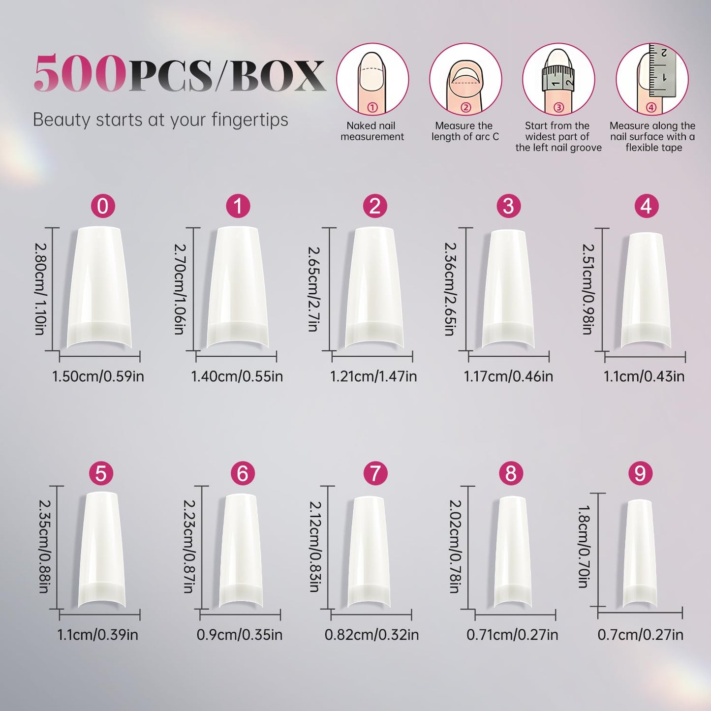 Soft Gel False Nail Tips - 500PCS Half Cover Acrylic Tips for French Style Manicure | 10 Sizes in Box