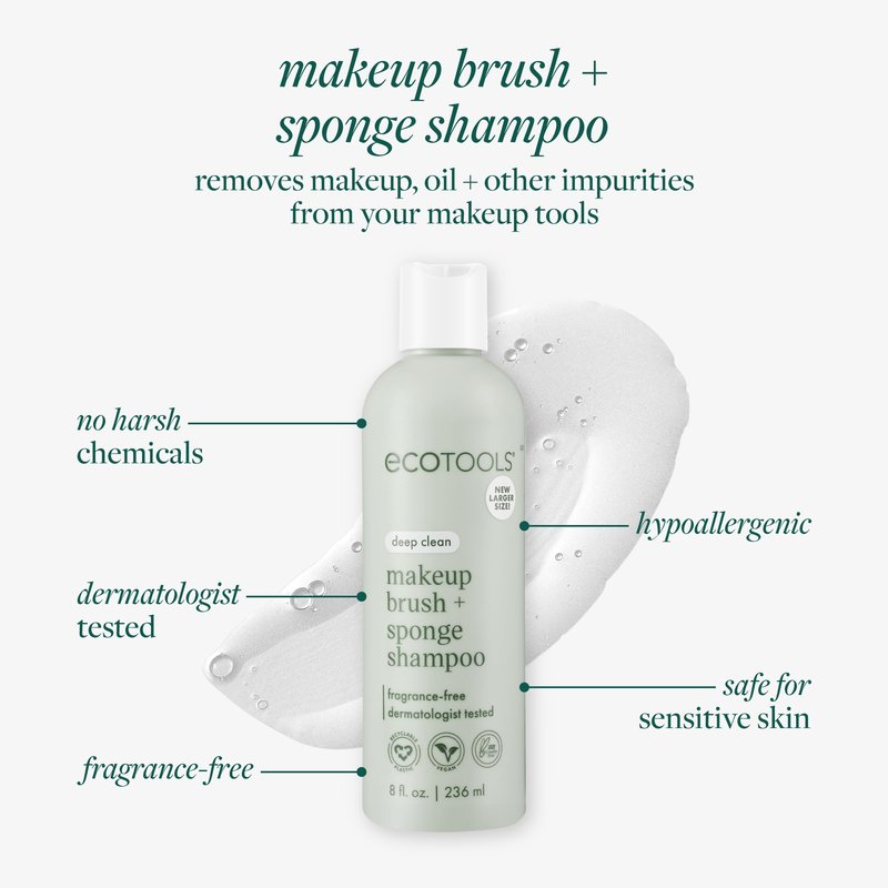 EcoTools Makeup Brush + Sponge Shampoo, Remove Makeup & Impurities From Tools, Sponges, & Puffs, Fragrance-Free Brush Cleanser, No Harsh Chemicals, Vegan, & Cruelty-Free, 8 fl. oz./236 ml. Bottle