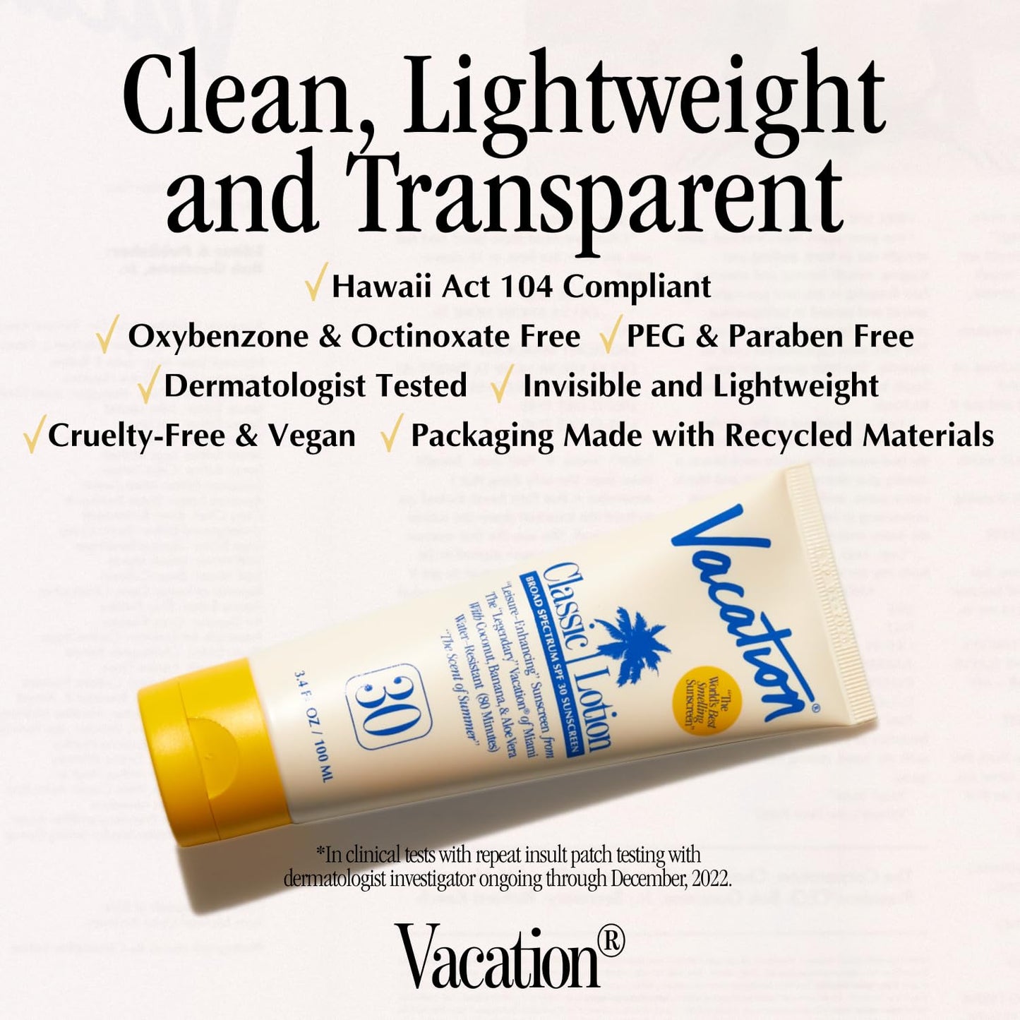 Vacation Classic Sunscreen Lotion SPF 30, Water-Resistant, Lightweight, Transparent on All Skin Tones, Dermatologist-Tested, Vegan, Travel Size, 3.4 Fl. Oz. (Value Pack of 3)