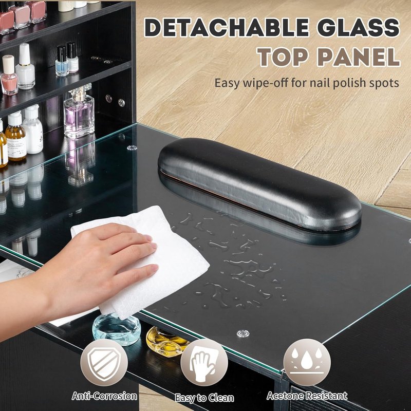 Skiennix Manicure Table - Elegant Nail Makeup Desk with Glass Top & Storage Solutions | Beauty Salon Workstation