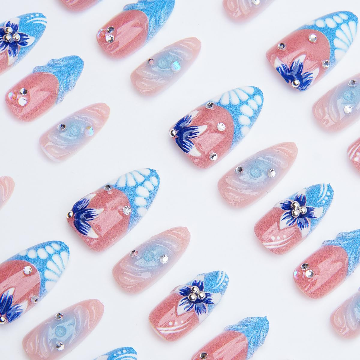 Skiennix Press-On Nails - 30 Pcs Summer Blue Flower Design with Rhinestones | Medium Almond Shape, Glossy Finish
