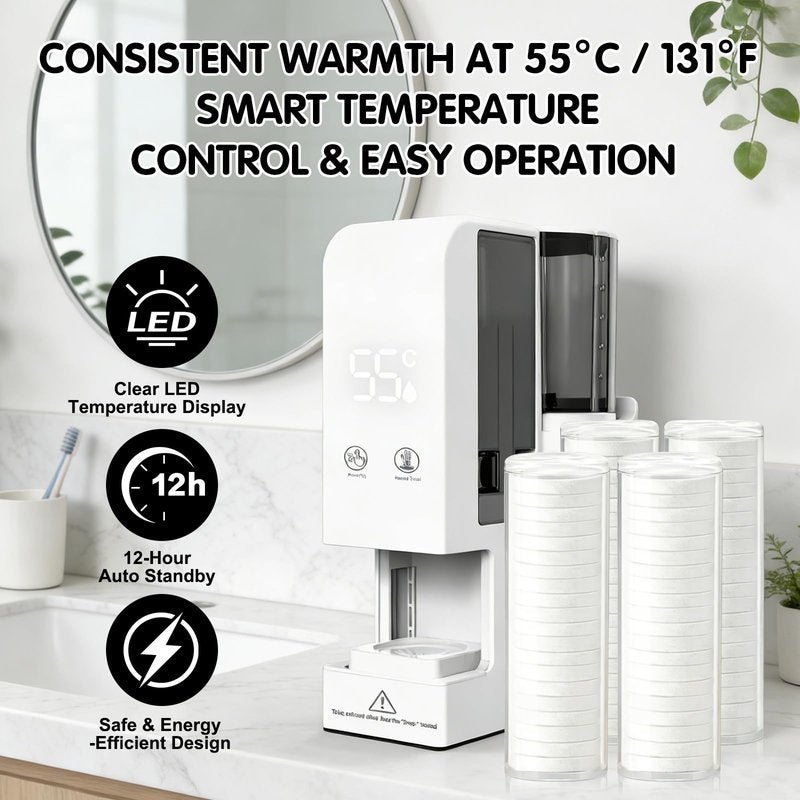 Hot Face Towel Dispenser, Hot Face Towel Heater Machine, 55°C Constant Temperature, Auto Heating & Dispensing, 80 Compressed Towels, Voice Alerts