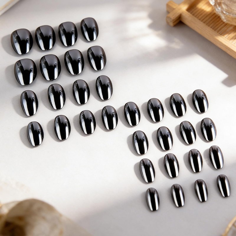 Black Press On Nails Short Almond Fake Nails Chrome False Nail With Design Solid Color False Nails Full Cover Acrylic Glossy Artificial Stick On Nail For Women Manicure Art 32pcs