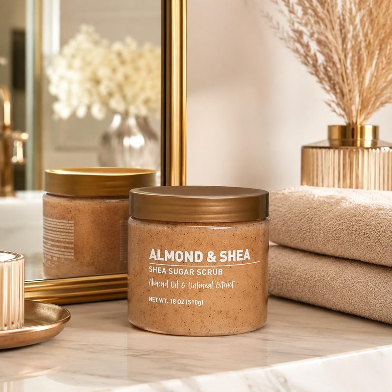 Veloura Shea Sugar Body Scrub with Almond & Shea Butter – Exfoliating Sugar Scrub for Body, Moisturizing Body Exfoliator for Dry & Dull Skin, Smooth Radiant Glow – 18 oz