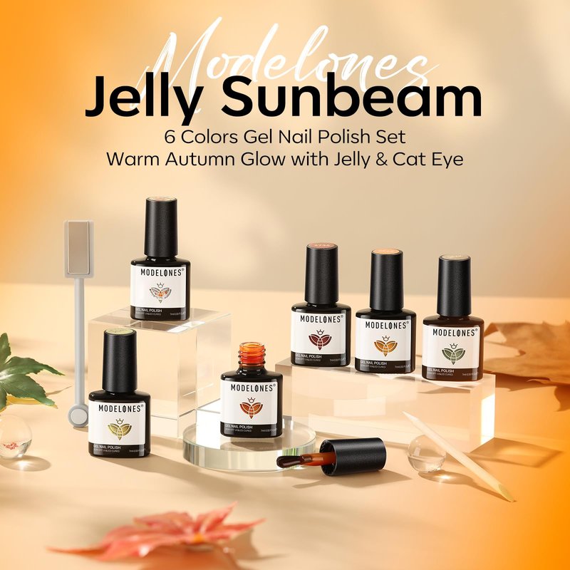 modelones Gel Nail Polish Set, 6 Colors Caramel Brown Orange Green Jelly Gel Polish Tortoise Yellow Gold Glitter Cat Eye Nail Polish with Magnet& Wooden Stick Soak Off LED DIY Gift