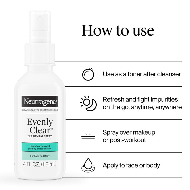 Neutrogena Evenly Clear Clarifying Hypochlorous Acid Spray, Purifying Face & Body Mist Helps Refresh Acne-Prone Skin While Fighting Impurities Anytime, Anywhere, 4 fl. oz