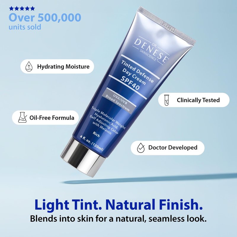 Dr. Denese SPF 40 Defense Day Cream (Rich) 4 oz – Tinted Moisturizer and Daily Sunscreen for Radiant Hydrated Skin – BB Cream with Antioxidants for Smooth Even Tone – Broad Spectrum SPF Protection