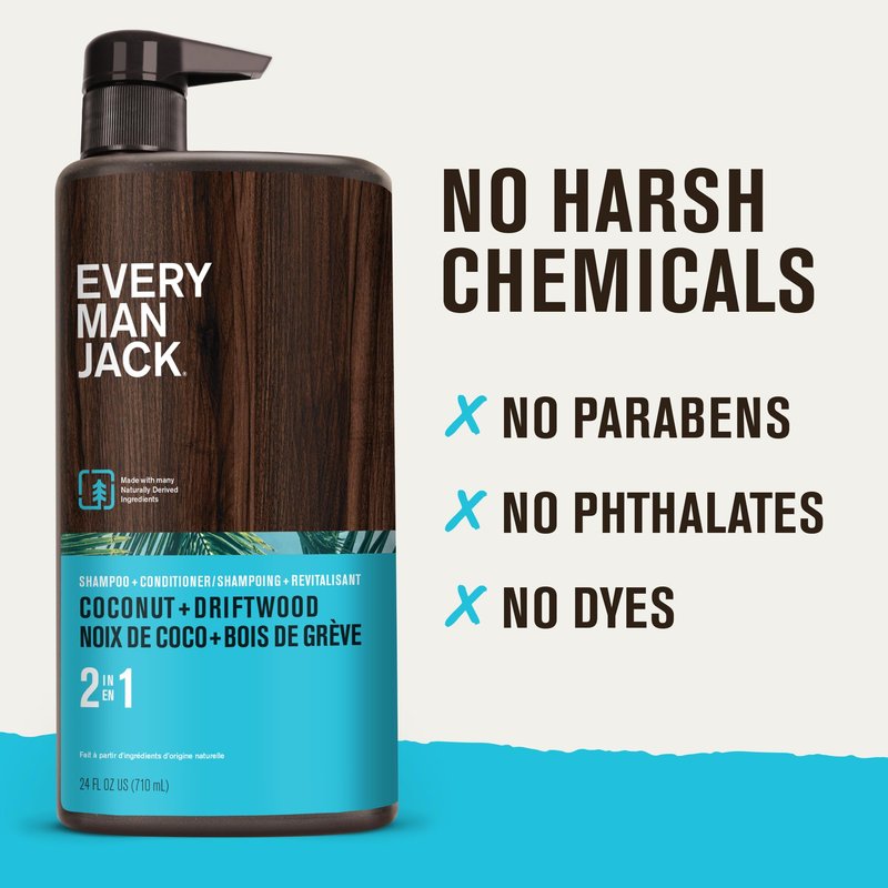 Every Man Jack 2-in-1 Daily Shampoo + Conditioner - Coconut & Driftwood | Nourishing For All Hair Types, Naturally Derived, Cruelty-Free Shampoo and Conditioner Set for Men | 24oz - 1 Bottle