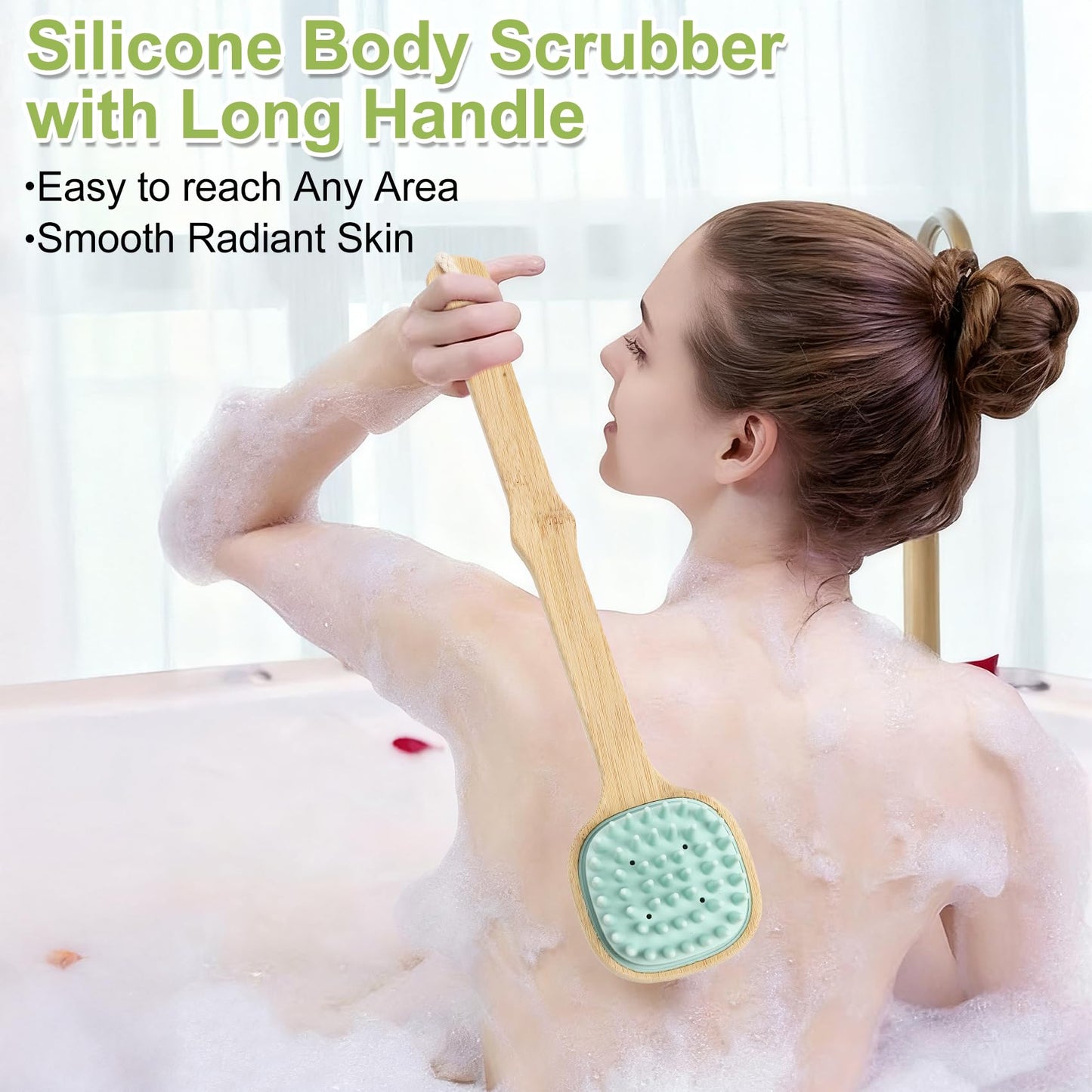 Silicone Back Scrubber for Shower, Silicone Bath Body Brush Loofah with Long Handle, Dual-Sided Shower Brush for Body, Lake Blue Exfoliating Body Scrubber for Men Women, Back Washer for Men with Hook