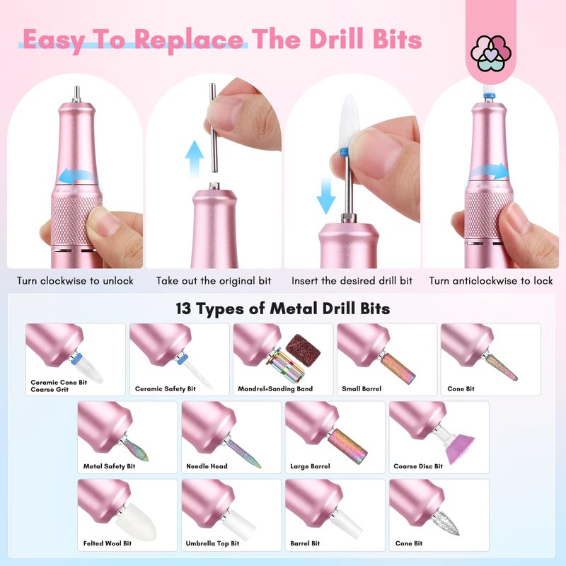 SAVILAND Portable Electric Nail Drill: 40000 RPM Rechargeable Electric Nail File for Acrylic Nails Professional with Ceramic Corn Head Nail Drill Bits for Nails Manicure Tools & Pedicure Kit Salon Use