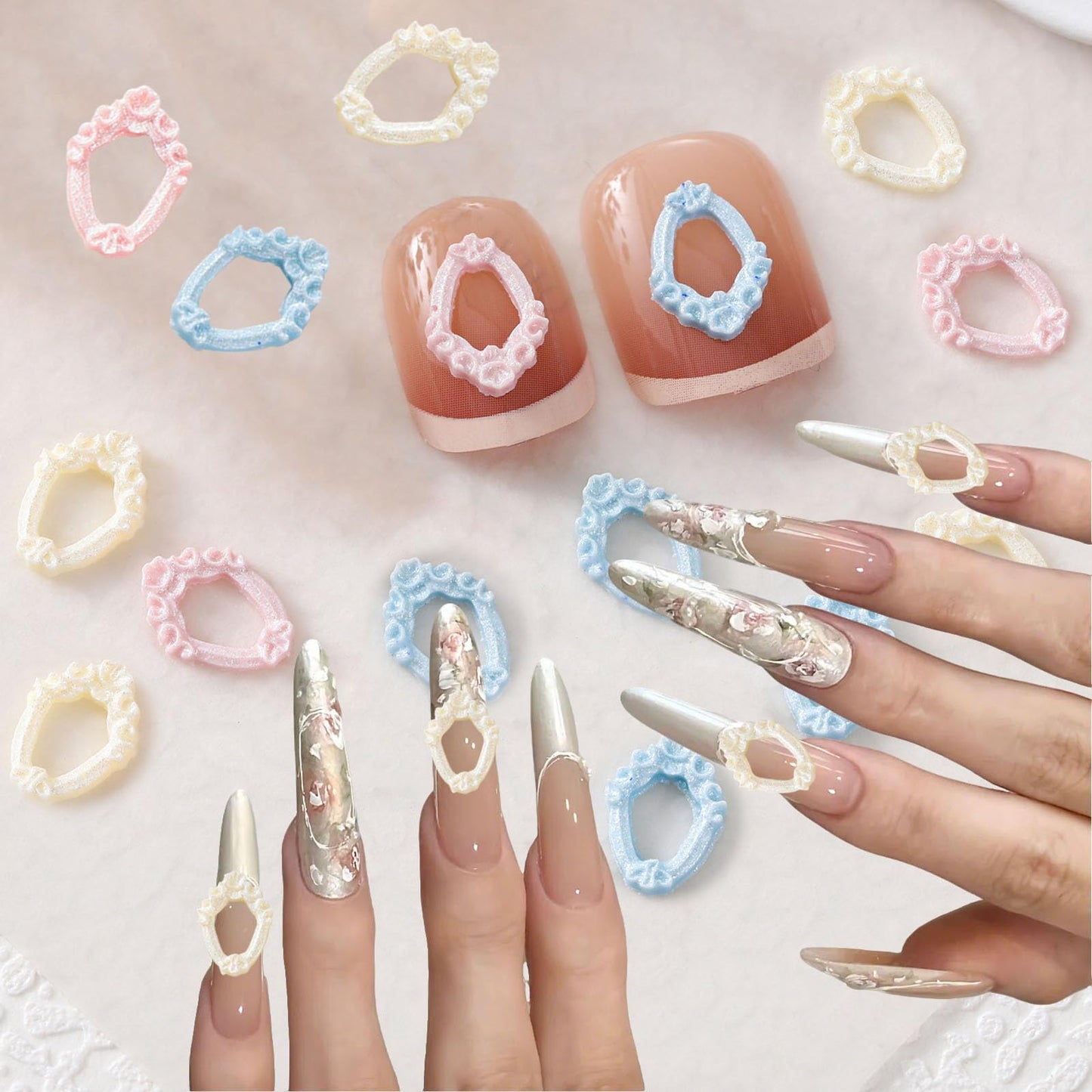 Victorian Frame Nail Charms, 150 Pieces, Yellow Pink Blue, 3D Nail Art Decorations