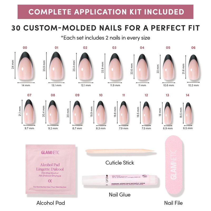 Glamnetic Press On Nails - Medium Almond Fake Nails, Black French Tip Nails, Black Truffle | 15 Sizes - 30 Nail Kit with Glue
