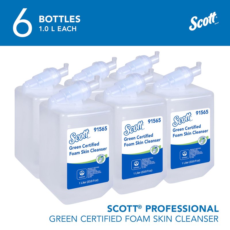 Scott Professional Green Certified Foam Hand Soap (91565), 1.0 L, Foaming, Clear, No Fragrance Added, Manual Refills, Ecologo, NSF E-1 Rated (6 Bottles)