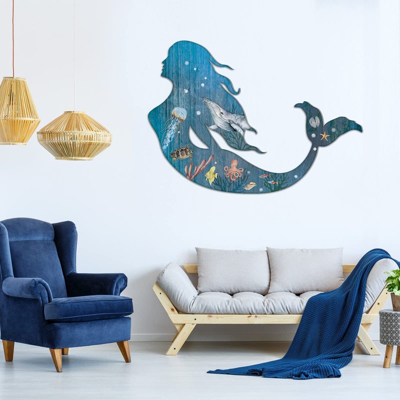 Pelopy 2 Pack Metal Mermaid Wall Art Rustic Bathroom Hanging Mermaid Wall Decor Blue Sculpture Decorations for Room Patio Swimming Pool Bathroom