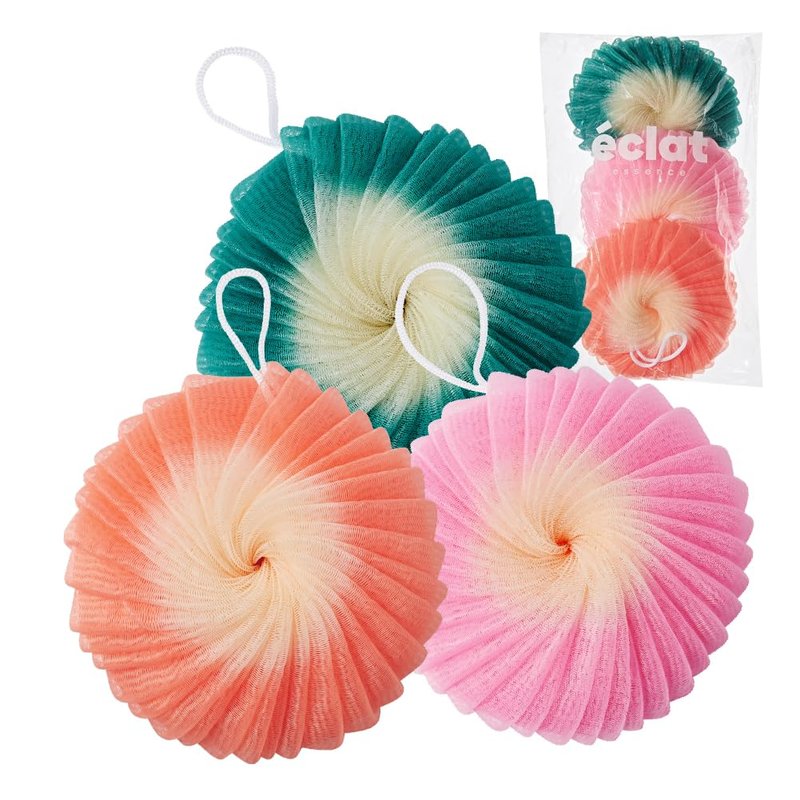 Éclat Mesh Bath Sponge Loofah Ball, Soft Exfoliating Body Scrubber for Wash, Rich-Lather Nylon Net Puff with Quick-Dry Hanging Loop, Gentle Daily Cleanser (Pink/Orange/Green, 3Pcs)
