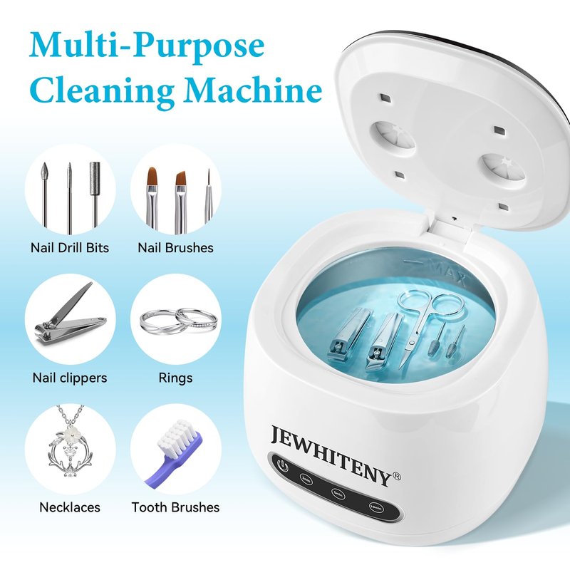 JEWHITENY 2 in 1 Rechargeable Nail Tool Cleaning Machine:3 Timers Mode for Nail Drill Bits,Automatic U V Light & 45k Hz Deep Cleaner,Nail Art Brush, Nail Clipper, Jewelry Cleaning, Salon & Home Use