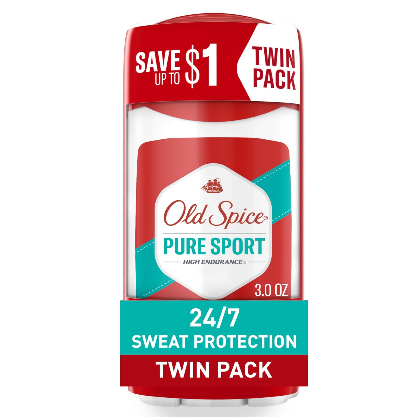 Old Spice Antiperspirant Deodorant For Men, High Endurance, 24/7 Sweat Defense & Odor Protection, 24/7 Freshness & Lasting Scent, Pure Sport Scent, 3.0 oz (Pack of 2)