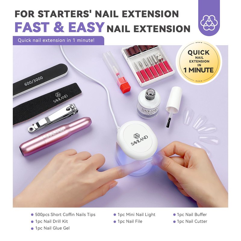 SAVILAND Gel Nail Kit with U V Light: Gel Nail X Kit with Nails Glue Easy At Home Nail Kit 500Pcs Short Coffin Nail Tips and Nail Drill 4-in-1 Glue Gels 15ML Mini U V Nail Lamp For Manicure