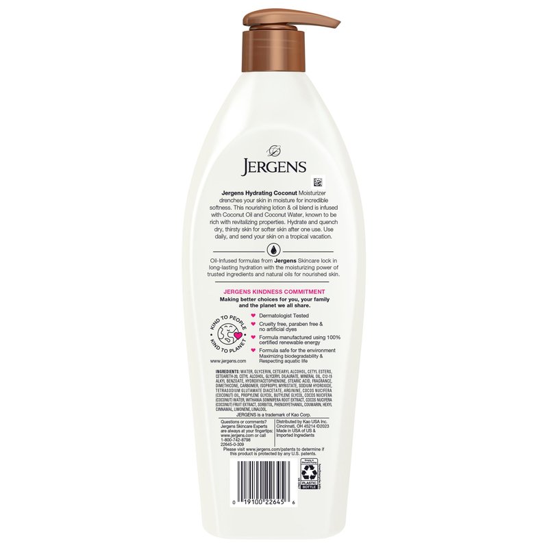Jergens Hydrating Coconut Body Lotion, Hand and Body Moisturizer, Infused with Coconut Oil, Hydrates Dry Skin Instantly, Dermatologist Tested, 26.5 Oz