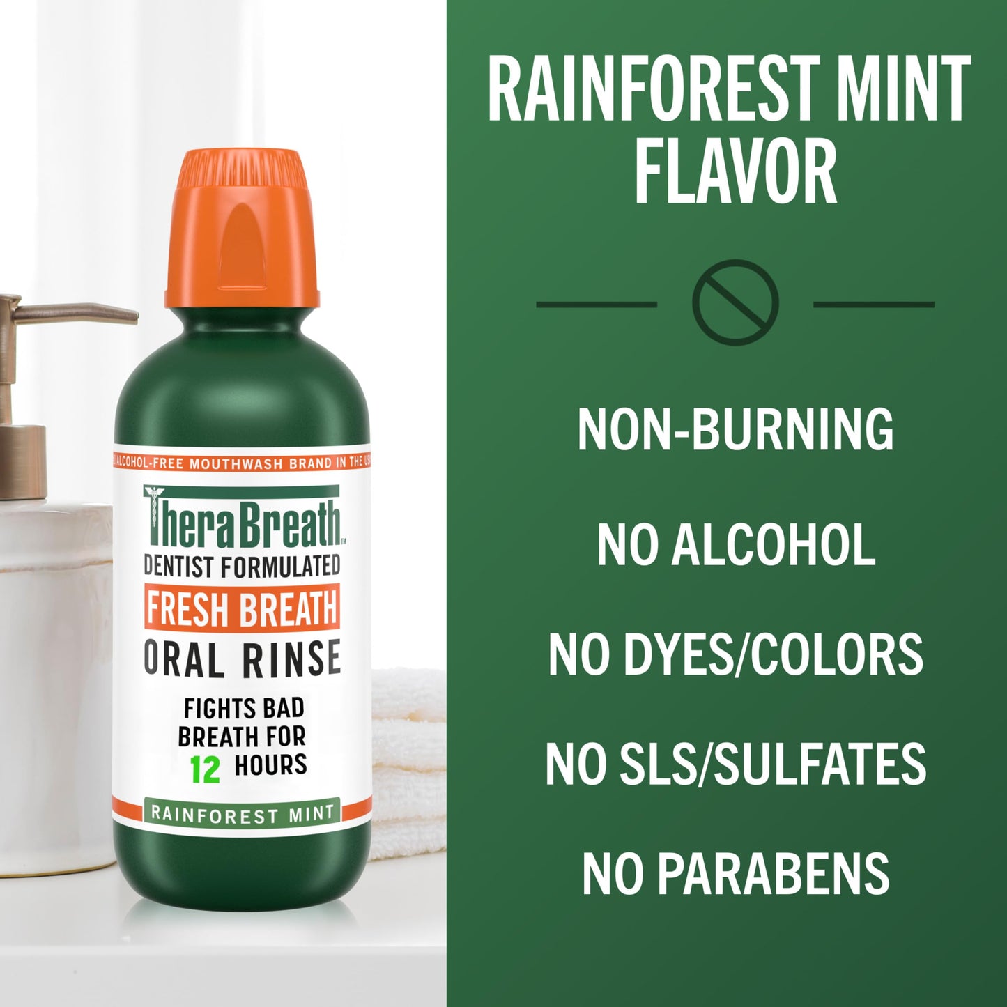 TheraBreath Fresh Breath Mouthwash, Rainforest Mint, Alcohol-Free, 33.8 oz/1 L