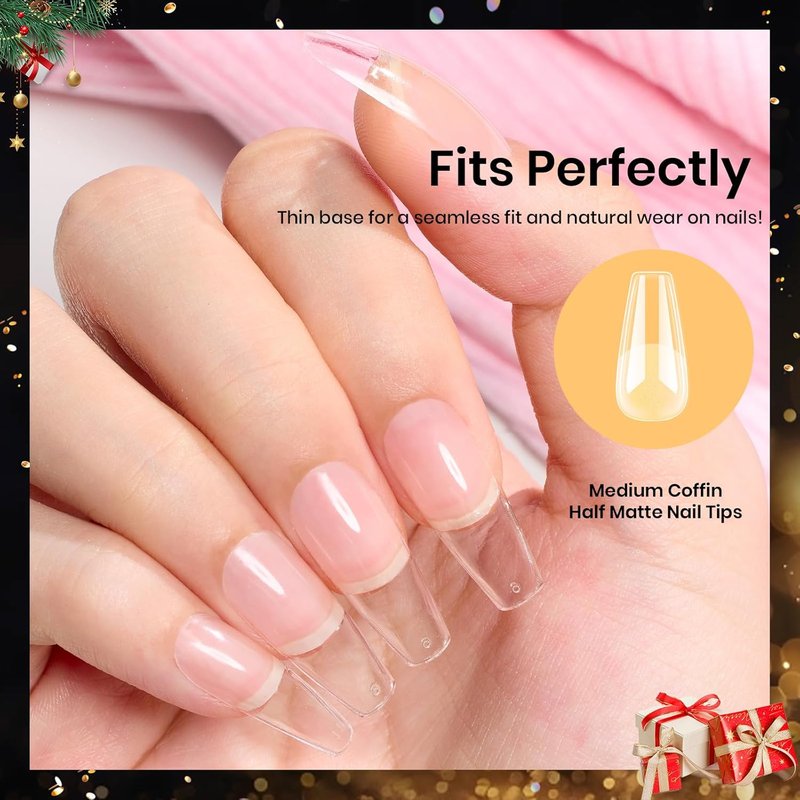 Coffin Gel Nail Tips - Medium Half Matte Press-On Nails | 288 Pcs DIY Acrylic Extensions Kit for Women
