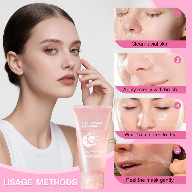 Josmon Collagen Night Wrapping Mask for Glowing Skin, Collagen Overnight Wrapping Peel Off Facial Mask for Elasticity Hydration, Reduce Sagging Dullness, 2.53 fl.oz, Pink(Brush Included)