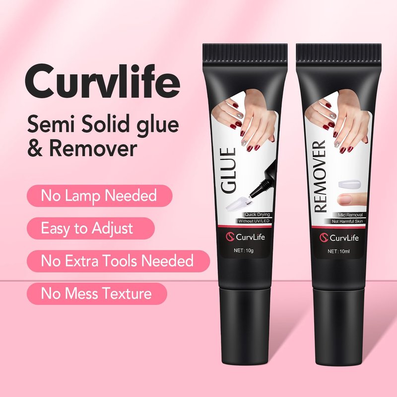 Curvlife Nail Glue Kit - Quick Drying 10g Semi-Solid Formula with 10ml Remover | Long-Lasting Press-On Nails