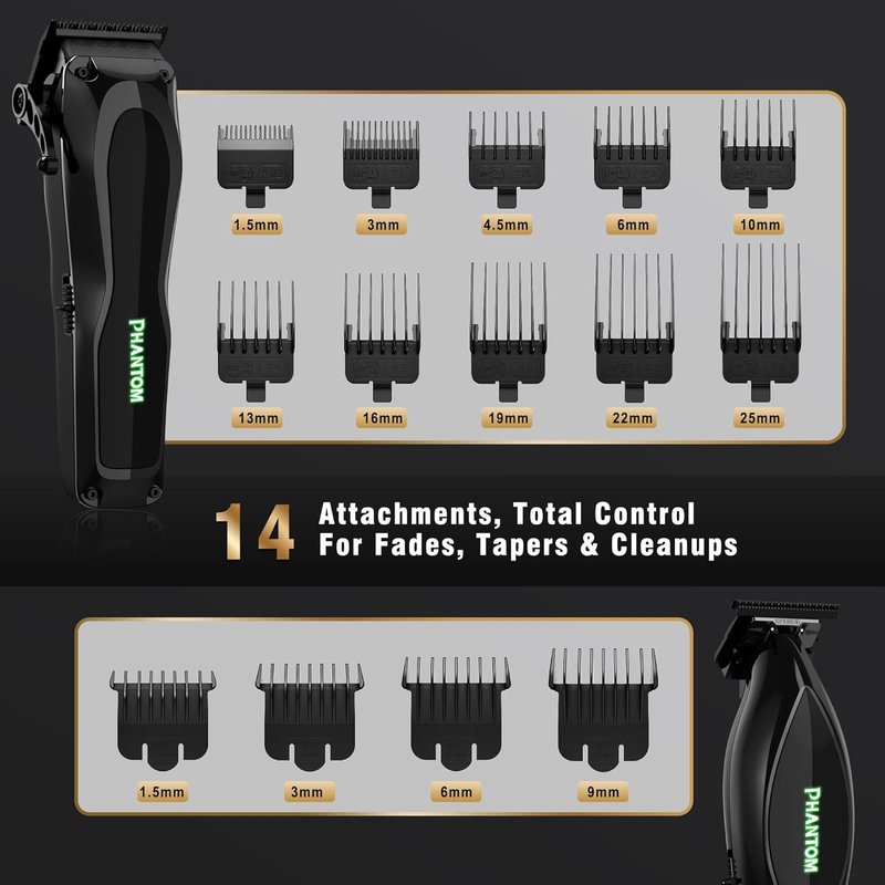 Phantom Professional Hair Clippers - Cordless Barber Trimmer Set with 13000 RPM DLC Blades | Zero-Gap for Fades & Blends