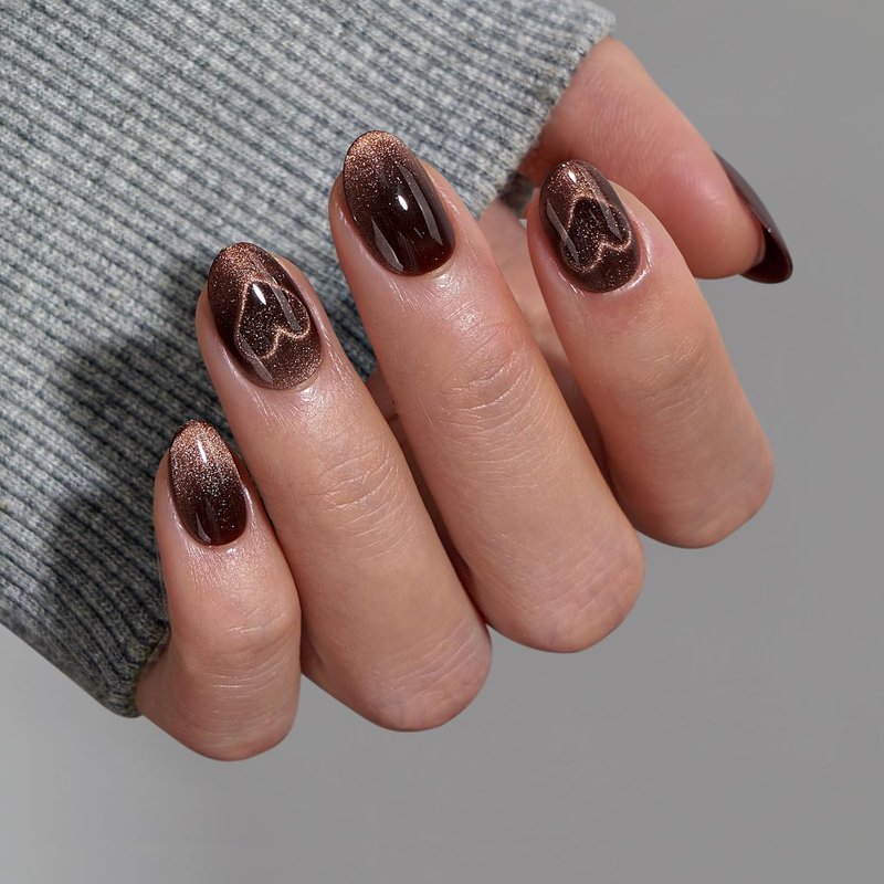 Press On Nails - Brown Cat Eye Almond Shape | Opaque Soft Gel, 32 Stick-On Nails in 16 Sizes