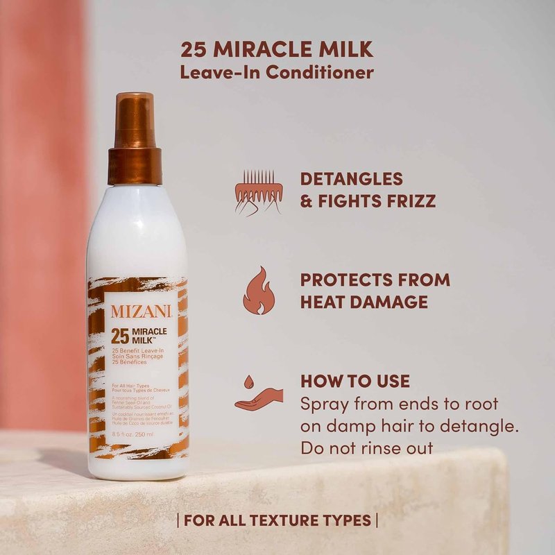 Mizani 25 Benefit Miracle Milk Leave-in Conditioner - Anti-Frizz Detangler Spray For Hair Shine, Heat Protectant, For Frizzy & Curly Hair, With Coconut Oil, 13.5 Fl Oz