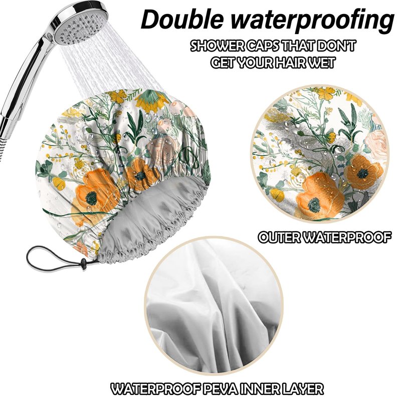Cabreche 2 PCS Shower Cap Reusable Waterproof Double Layers Hair Caps Shower Bath Adjustable Elastic Hat for Women Girls Cute Aesthetic-Orange Flower
