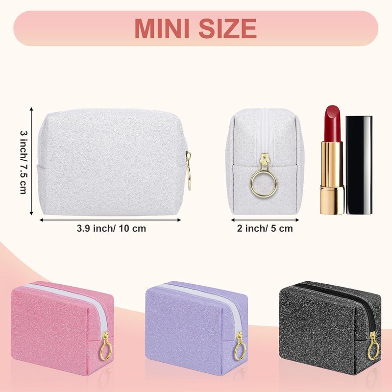 Mini Makeup Bag - Portable Soft PU Leather Cosmetic Pouch | Glitter White Travel Lipstick Holder