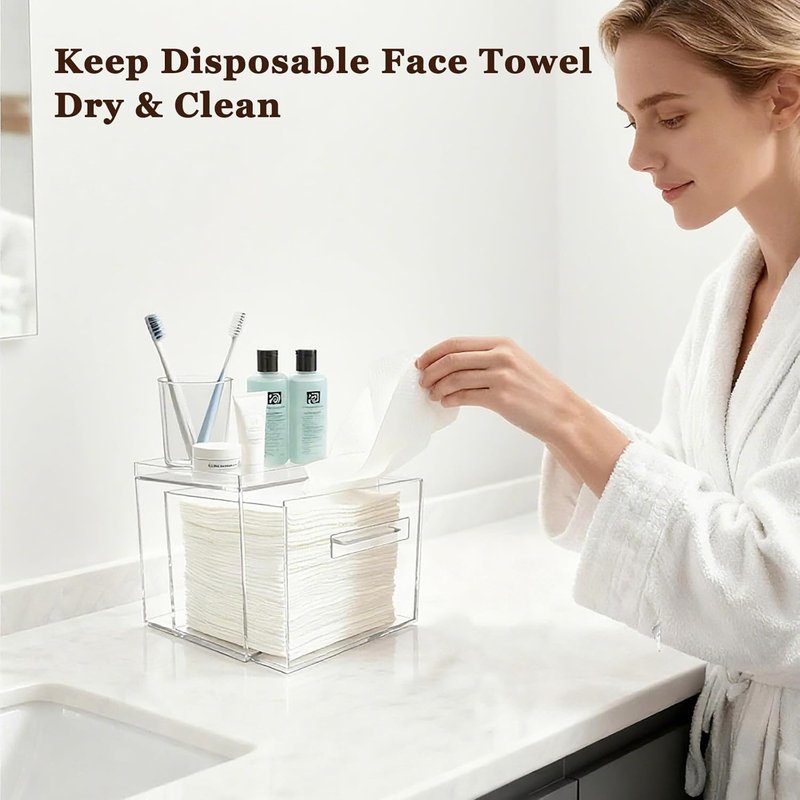 Clean Skin Club | Acrylic Disposable Facial Towel Holder - Clear Storage Box for Bathroom & Vanity