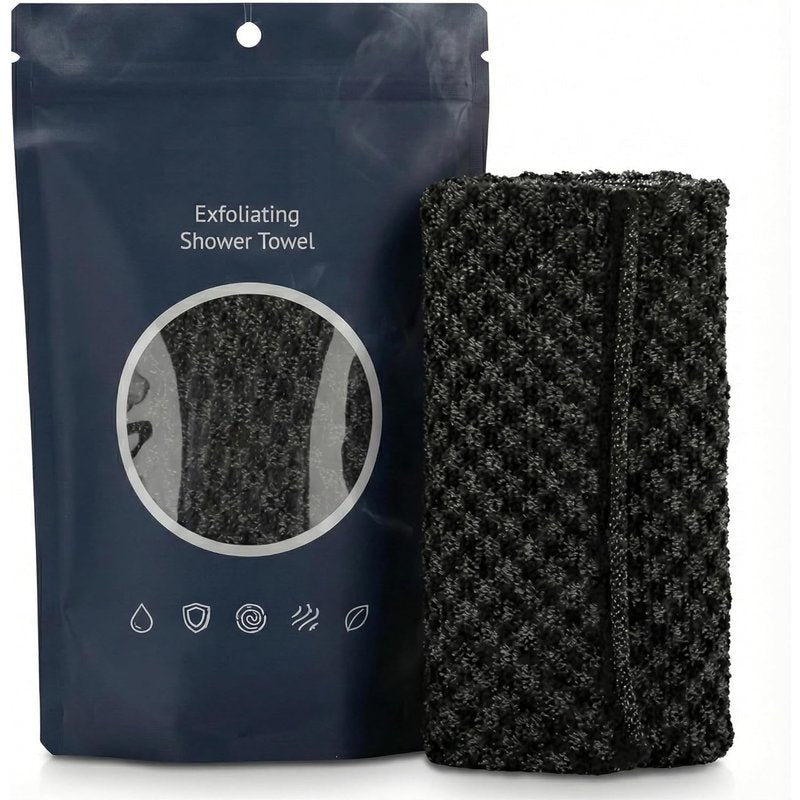 Mokvtz Exfoliating Shower Towel, Exfoliating Skin Bath Towel, Premium Scrub Wash Cloth for Body Face, Exfoliating Washcloth for Men and Woman (Jet Black)