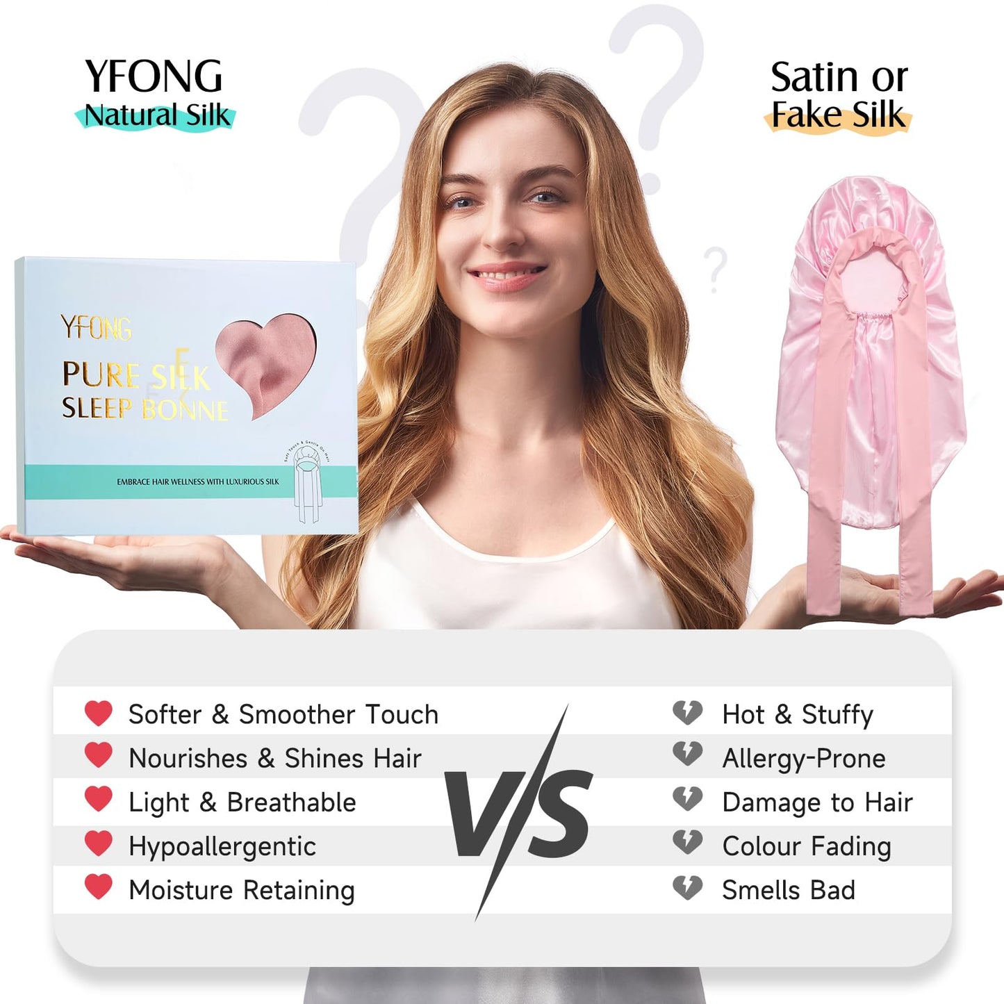 YFONG Double-Layered 100% Pure Mulberry Silk Bonnet for Long Hair, 22 Momme Silk Hair Bonnet for Sleeping with Elastic Tie Band, Real Silk Sleep Cap for Women Long Curly Hair, Pink