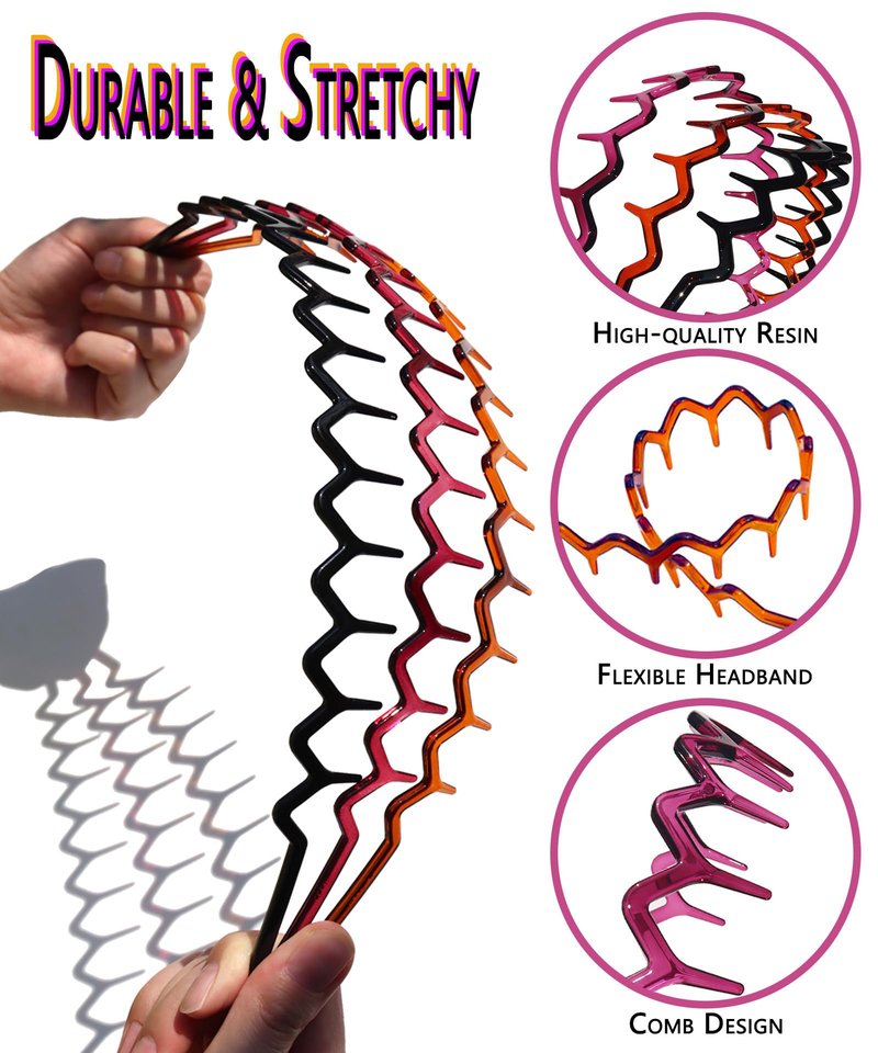 3PCS Zig Zag Headbands for Women Non Slip, ZigZag Hair Comb Headbands with Teeth, Classic 90s Amber Purple Black Headband for Women Men, Plastic Hair Accessories or Everyday Styling & Workout