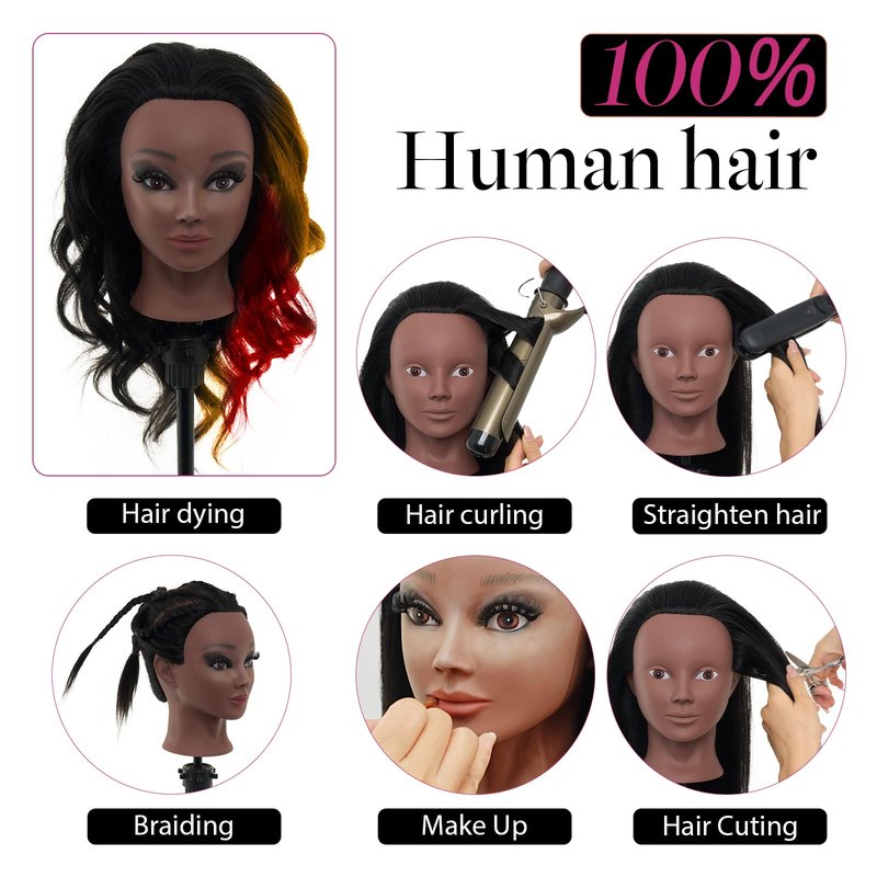 18" Mannequin Head Human Hair with Stand - 100% Real Hair Mannequin Head for Makeup Practice, Cosmetology Manikin Doll Head for Hair Styling, Hairdressing Training Head for Braiding with Tripod,Black