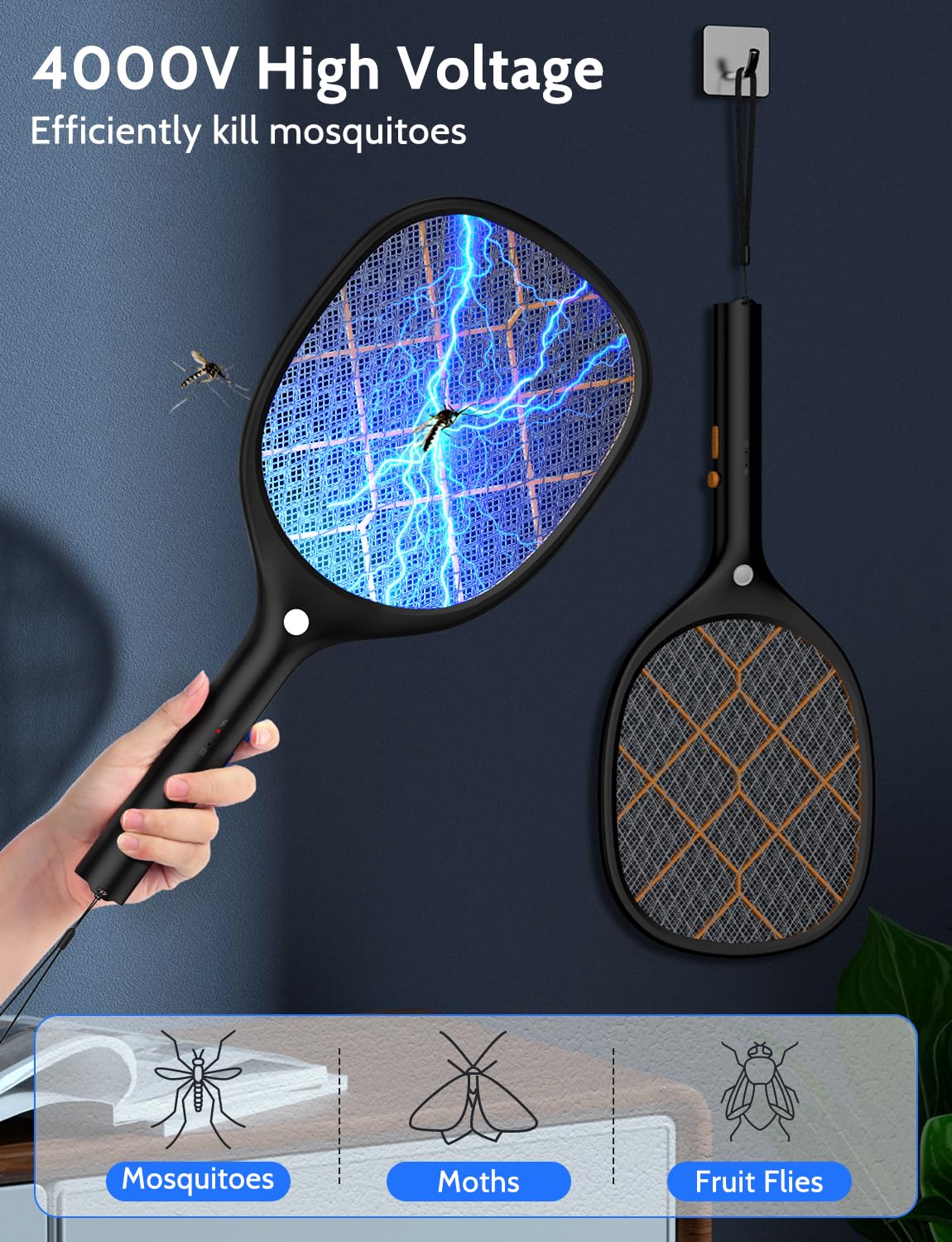 YISSVIC Electric Fly Swatter Bug Zapper Racket 4000V Rechargeable Mosquito Killer with LED Light for Indoor Home Office Backyard Patio Camping (2, Black Orange)