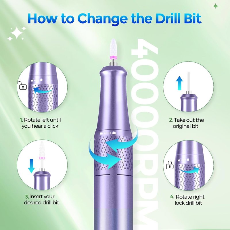 Electric Nail Drill Kit - 40000RPM Professional E-File Machine with 12 Bits for Acrylic Nails | Sparkly Diamond Finish
