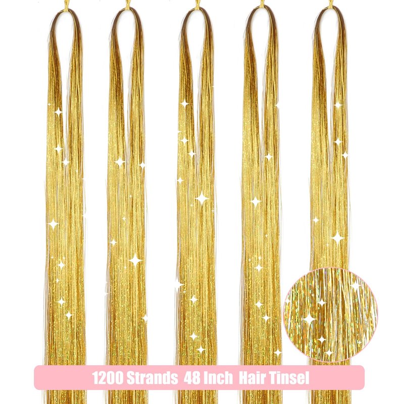 Hair Tinsel Kit, Fairy Hair Tinsel with Tools 48 Inch Hair Tinsel Heat Resistant Glitter Tinsel Hair Extensions