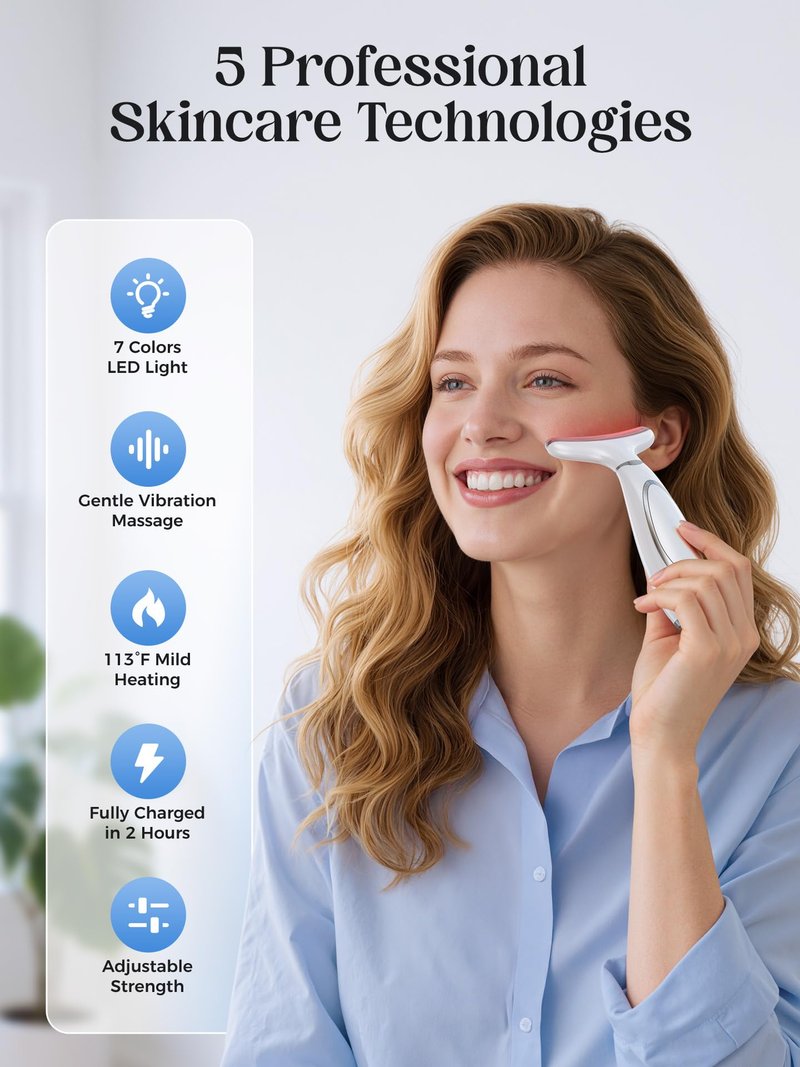 Red Light Therapy for Face & Neck, Face Massager Tool for Anti-Aging, Skin Facial Sculptor, 7-Color LED Phototherapy Device with Lifting, Heat & Vibration, Firming, Rechargeable Beauty Tool