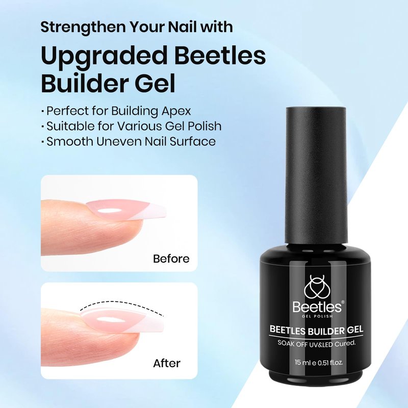 Beetles Builder Gel and Extra Glossy Top Coat No Wipe for Nails with Nail Brush, 15ml Low Heat Hypoallergenic Clear 7 in 1 Builder High Shine Long Lasting Top Coat Gel Nail Polish