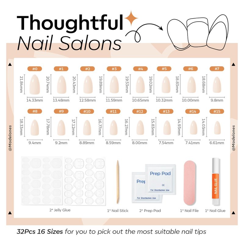Modelones Pink White Press on Nails Almond, Nude Short Fake Nails, Reusable Nail Kit with Nail Glue Adhesive Tabs Mini Nail File, Nails Press Ons 32Pcs 16 Sizes, Women Girl Gift