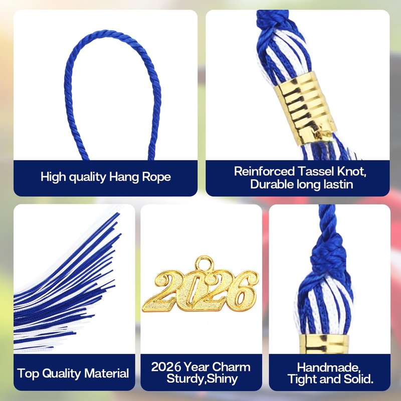 2026 Tassel Graduation, Tassels for Graduation Cap 2026, Blue White Tassel Cap Decorations with Gold Charms Memorial Cords Graduate Hat Ceremonies Accessories for Class of School Grad Souvenir Gifts