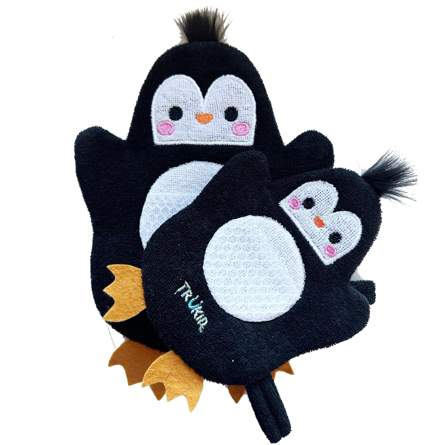 TruKid BubbleGlove, Bath Wash Gloves-Sponge - Hand Puppet for Kids & Toddler, Bath Sponge & Baby Washcloth Mitt for Kids & Adults, Body Scrubber for Mommy & Me - Penguin Set of 2