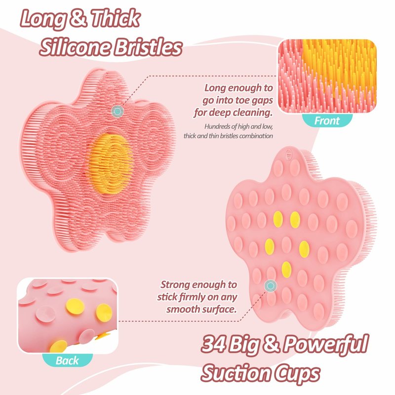 GEENOA Upgrade Silicone Shower Foot Scrubber Mat & Silicone Bath Brush Set, Large Wall-Mounted Back Scrubber Back Washer to Clean, Exfoliate and Massage Without Bending(Pink+Soft Brush)