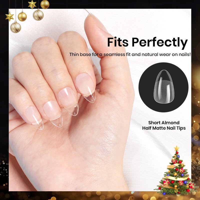Beetles Gel Nail Tips 576Pcs Pre-shape Short Almond Etch-X Nail Tips,12 Sizes Soft Acrylic False Nail Tips Half Matte Full Cover Easy DIY Press On Nail Extensions Art Salon Gift Set for Women